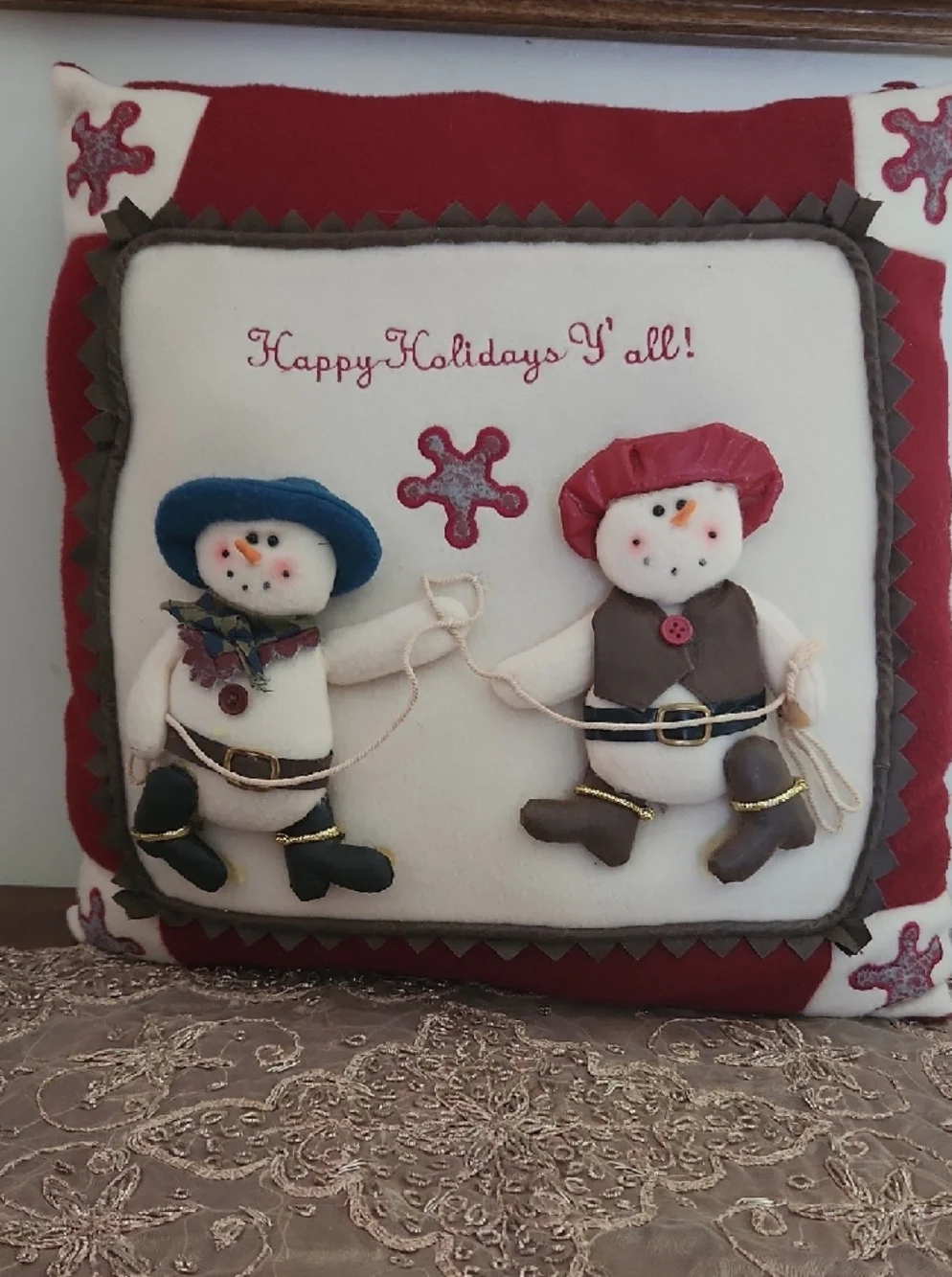 Holiday Snow Couple Decorative Pillow 14x14 - Red and Cream